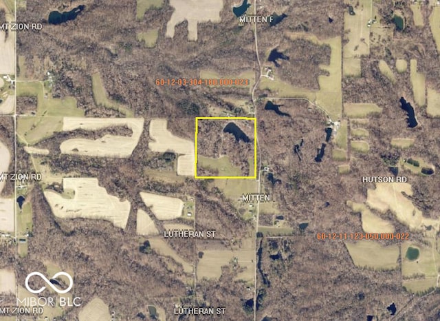 2501 Mitten Rd, Bowling Green, IN 47833 - aerial map of property and surrounding area featuring property parcel outlined