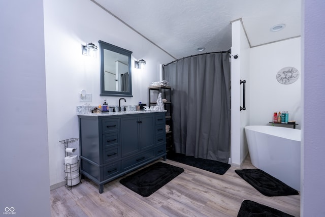2501 Mitten Rd, Bowling Green, IN 47833 - bathroom featuring vanity, wood finished floors, a freestanding bath, and curtained shower