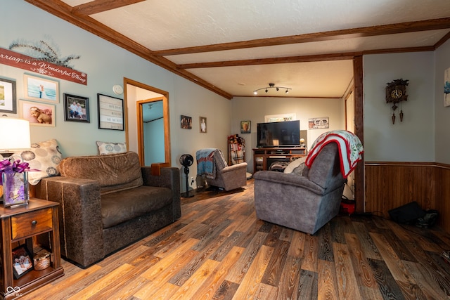 2501 Mitten Rd, Bowling Green, IN 47833 - living area with wood finished floors, beamed ceiling, crown molding, and a wainscoted wall