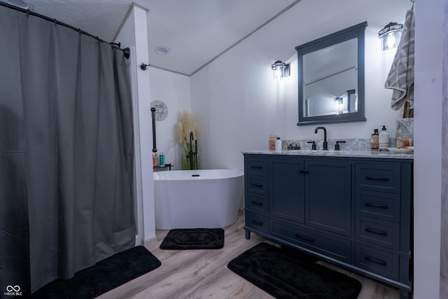 2501 Mitten Rd, Bowling Green, IN 47833 - bathroom with wood finished floors, vanity, a freestanding bath, and a shower with shower curtain