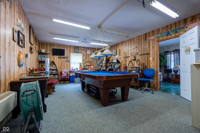 2501 Mitten Rd, Bowling Green, IN 47833 - recreation room featuring billiards table, wooden walls, a textured ceiling, and carpet