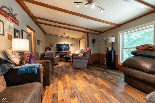 2501 Mitten Rd, Bowling Green, IN 47833 - living area featuring wood finished floors, wainscoting, ornamental molding, a textured ceiling, and wood walls