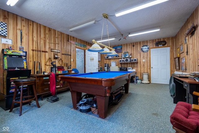 2501 Mitten Rd, Bowling Green, IN 47833 - playroom with carpet, a textured ceiling, wood walls, and billiards table
