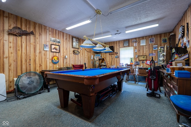 2501 Mitten Rd, Bowling Green, IN 47833 - recreation room featuring wooden walls, a textured ceiling, billiards, and carpet floors