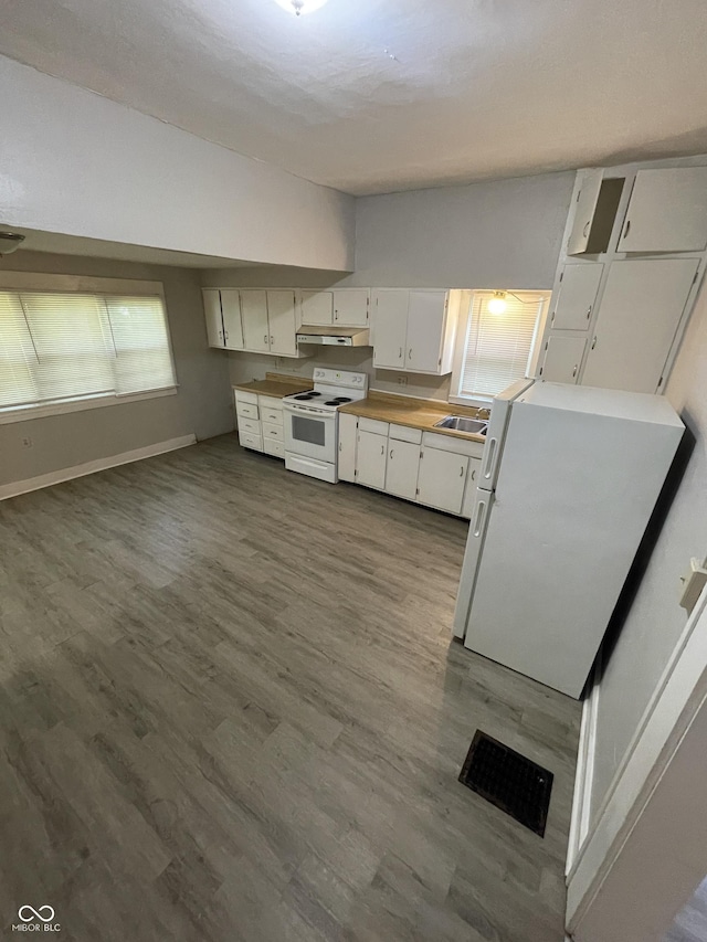 849 S Belleview Pl, Indianapolis, IN 46221 - kitchen with white appliances, under cabinet range hood, white cabinets, dark wood-style flooring, and light countertops