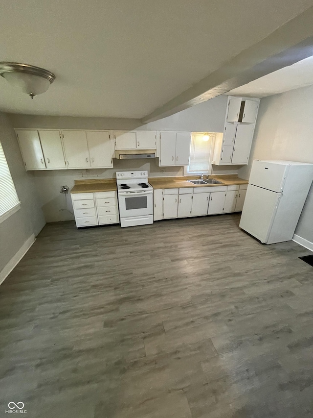 849 S Belleview Pl, Indianapolis, IN 46221 - kitchen featuring white appliances, white cabinetry, under cabinet range hood, and dark wood-type flooring