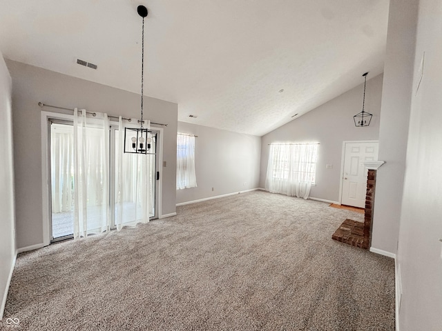 9672 River Oak Ln E, Fishers, IN 46038 - unfurnished living room featuring carpet, a chandelier, and high vaulted ceiling