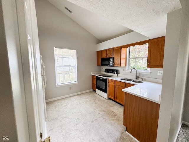 9672 River Oak Ln E, Fishers, IN 46038 - kitchen featuring electric range, black microwave, brown cabinetry, light countertops, and high vaulted ceiling
