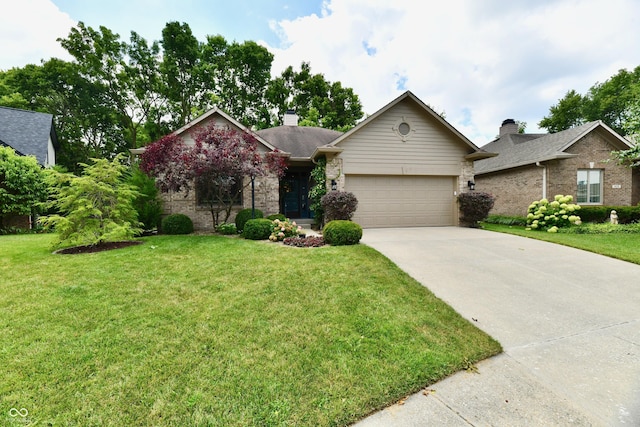 1603 Oakmere Way, Greenwood, IN 46142 - ranch-style house with driveway, brick siding, an attached garage, and a front yard