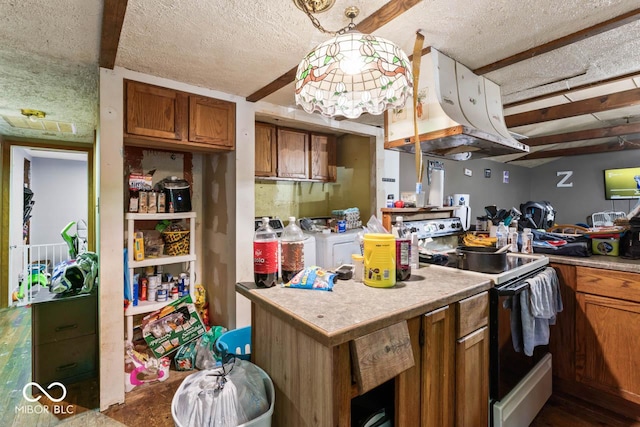 4168 Sprunica Rd, Nineveh, IN 46164 - kitchen with black range with electric cooktop, independent washer and dryer, brown cabinets, light countertops, and a textured ceiling
