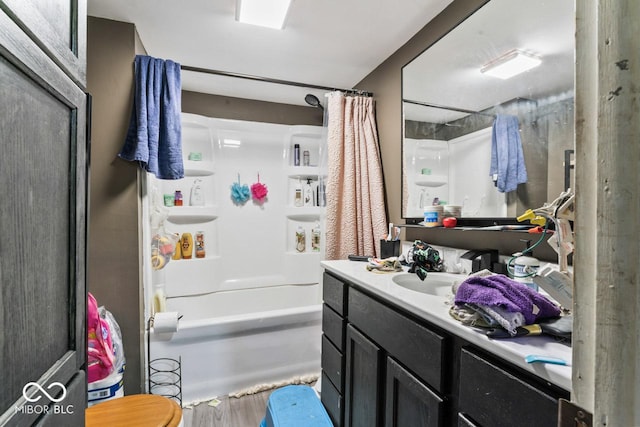 4168 Sprunica Rd, Nineveh, IN 46164 - bathroom featuring vanity, shower / bathtub combination with curtain, and wood finished floors