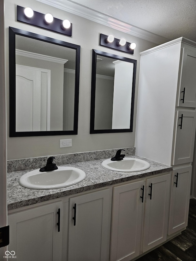 3920 Brandywyne Dr, North Vernon, IN 47265 - full bathroom featuring double vanity, crown molding, and a textured ceiling
