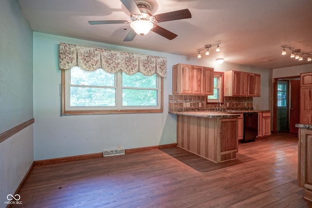 4720 Kessler View Dr, Indianapolis, IN 46220 - kitchen with black dishwasher, decorative backsplash, a peninsula, track lighting, and wood finished floors