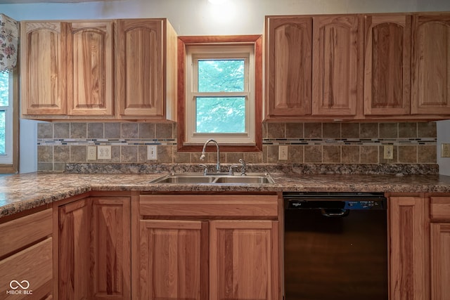 4720 Kessler View Dr, Indianapolis, IN 46220 - kitchen with black dishwasher, decorative backsplash, and dark countertops