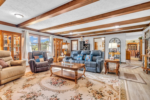 2571 Stonybrook Ln, Franklin, IN 46131 - living room featuring beam ceiling, wood finished floors, and a textured ceiling