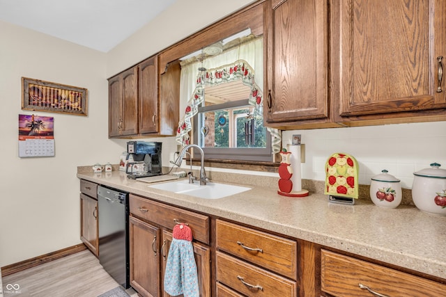2571 Stonybrook Ln, Franklin, IN 46131 - kitchen featuring dishwasher, backsplash, light countertops, and brown cabinets