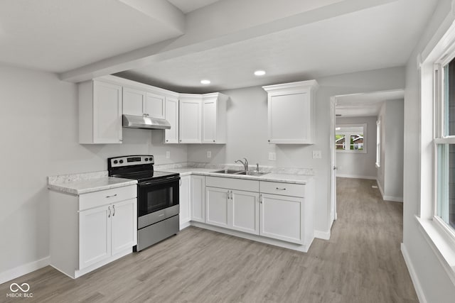 135 S Dr, Anderson, IN 46013 - kitchen with stainless steel electric range, under cabinet range hood, white cabinetry, light countertops, and light wood finished floors