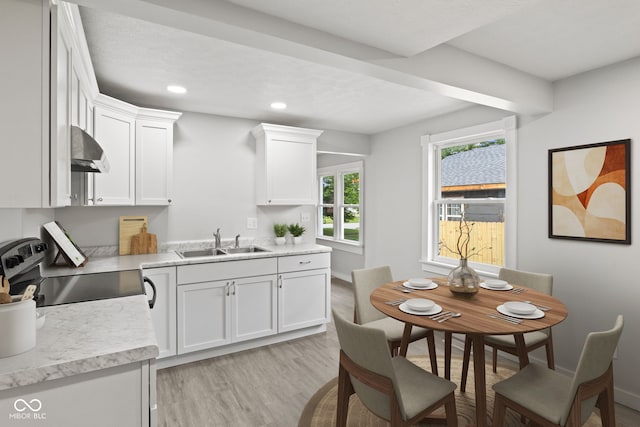 135 S Dr, Anderson, IN 46013 - kitchen featuring under cabinet range hood, stainless steel electric range oven, recessed lighting, white cabinets, and light wood finished floors