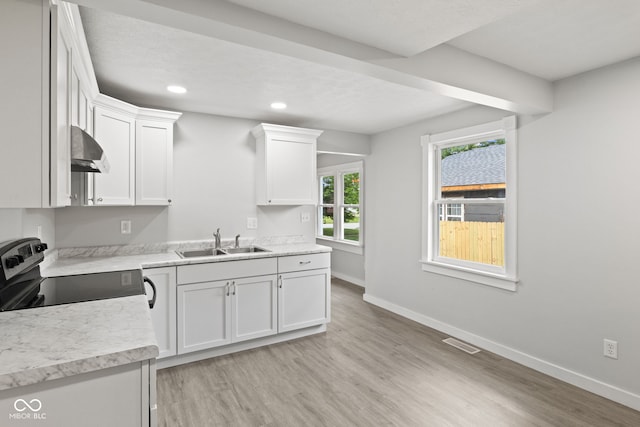 135 S Dr, Anderson, IN 46013 - kitchen with electric range, under cabinet range hood, white cabinetry, light countertops, and recessed lighting