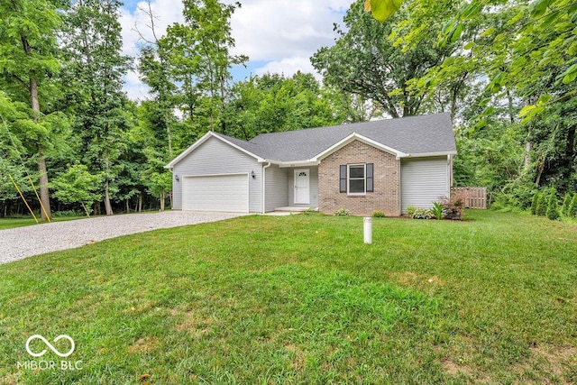 354 Mill Spgs, Fillmore, IN 46128 - ranch-style home featuring gravel driveway, an attached garage, brick siding, a shingled roof, and view of scattered trees