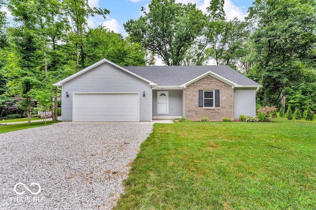 354 Mill Spgs, Fillmore, IN 46128 - ranch-style home featuring gravel driveway, a garage, a front lawn, brick siding, and roof with shingles
