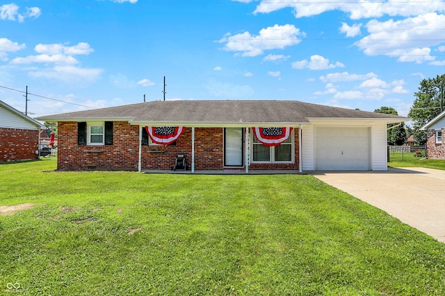 2630 Flintwood Dr, Columbus, IN 47203 - ranch-style house with driveway, a garage, brick siding, a front yard, and a shingled roof