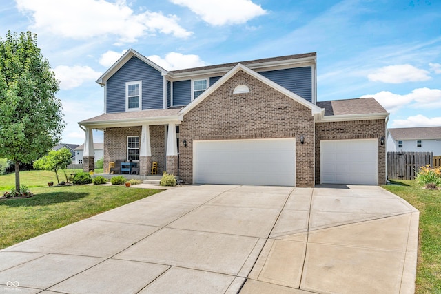 1397 Greenbriar Way, Franklin, IN 46131 - view of front of property with a garage, brick siding, covered porch, concrete driveway, and roof with shingles
