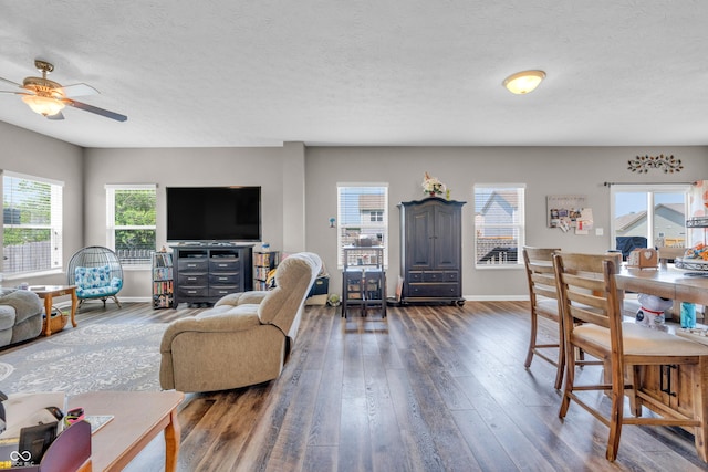 1397 Greenbriar Way, Franklin, IN 46131 - living area featuring dark wood finished floors, plenty of natural light, ceiling fan, and a textured ceiling