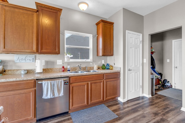 1397 Greenbriar Way, Franklin, IN 46131 - kitchen featuring stainless steel dishwasher, dark wood-style floors, and brown cabinetry