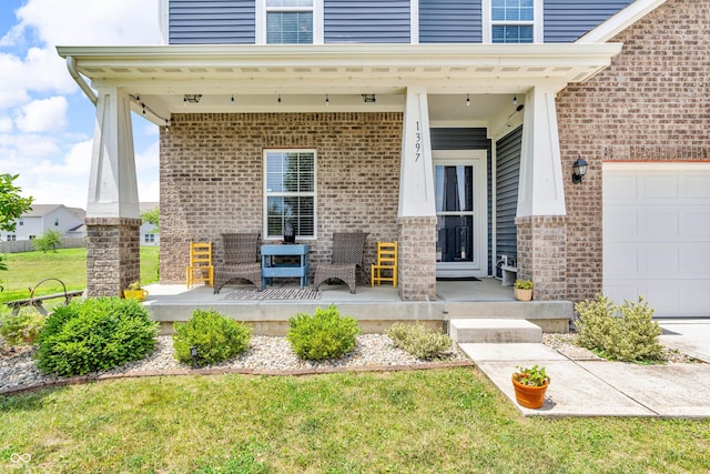1397 Greenbriar Way, Franklin, IN 46131 - property entrance with brick siding, an attached garage, a porch, and a yard