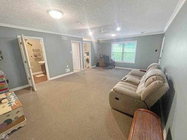 1446 W State Highway 46, Spencer, IN 47460 - carpeted living room with washer / clothes dryer, ornamental molding, a textured ceiling, and an office area