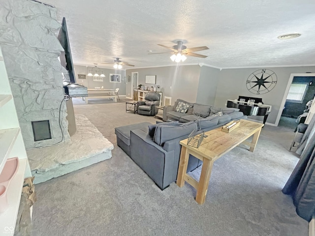 1446 W State Highway 46, Spencer, IN 47460 - carpeted living area with a textured ceiling, ornamental molding, and a ceiling fan
