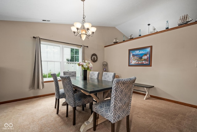 48 Lasalle Ct, Whiteland, IN 46184 - dining space with light carpet, a chandelier, and vaulted ceiling