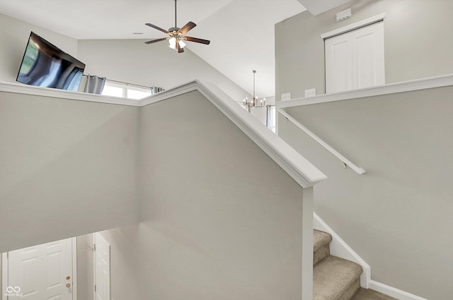 13225 Deception Pass Unit 700, Fishers, IN 46038 - stairway with a chandelier, lofted ceiling, and a ceiling fan