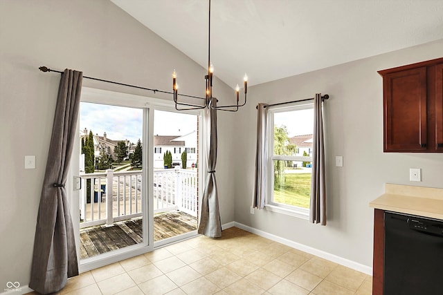 13225 Deception Pass Unit 700, Fishers, IN 46038 - unfurnished dining area with a chandelier, vaulted ceiling, plenty of natural light, and light tile patterned flooring