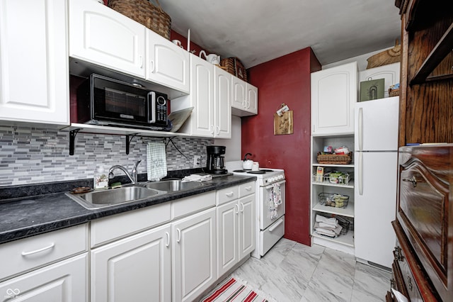 1810 Calhoun St, Indianapolis, IN 46203 - kitchen with white appliances, white cabinets, dark countertops, and open shelves