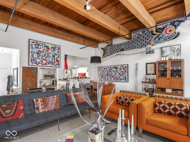 430 N Park Ave Unit 104, Indianapolis, IN 46202 - living area with a wood ceiling with exposed beams and carpet flooring