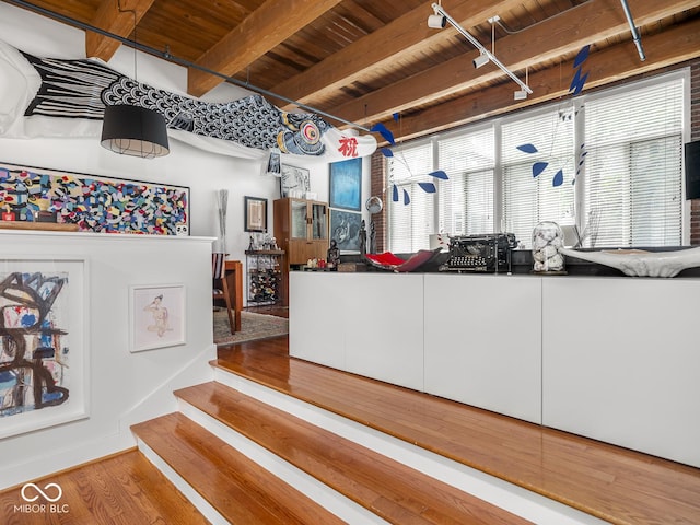 430 N Park Ave Unit 104, Indianapolis, IN 46202 - kitchen with a wood ceiling with exposed beams and wood finished floors