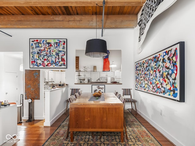 430 N Park Ave Unit 104, Indianapolis, IN 46202 - dining area with wood finished floors and a wood ceiling with exposed beams