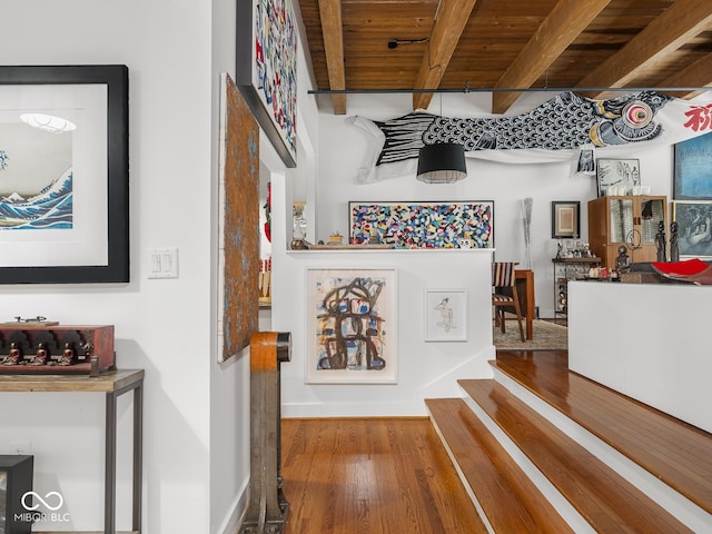 430 N Park Ave Unit 104, Indianapolis, IN 46202 - corridor featuring wood finished floors and a wood ceiling with exposed beams