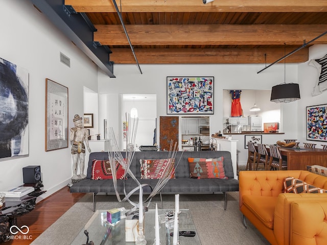 430 N Park Ave Unit 104, Indianapolis, IN 46202 - living area with a wood ceiling with exposed beams and wood finished floors