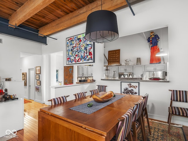 430 N Park Ave Unit 104, Indianapolis, IN 46202 - dining space with a wooden ceiling with exposed beams, wood finished floors, and a towering ceiling