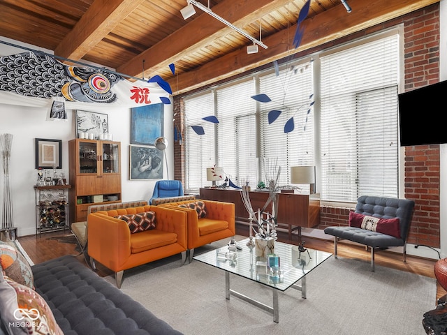 430 N Park Ave Unit 104, Indianapolis, IN 46202 - living area featuring a wood ceiling with exposed beams and wood finished floors