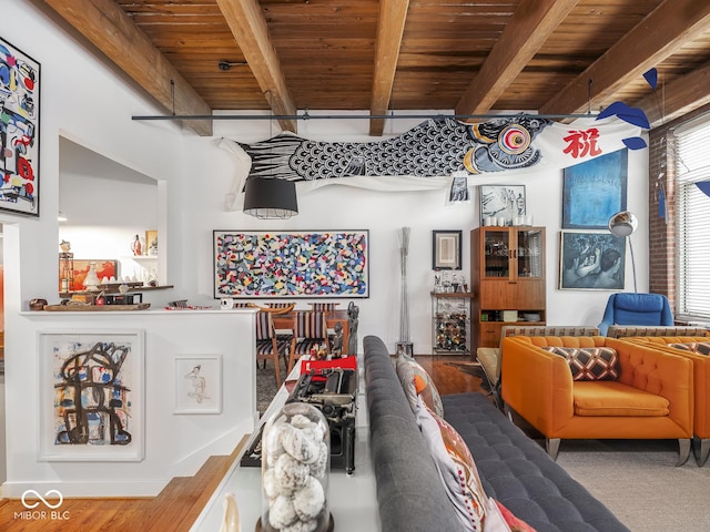 430 N Park Ave Unit 104, Indianapolis, IN 46202 - living room with a wood ceiling with exposed beams