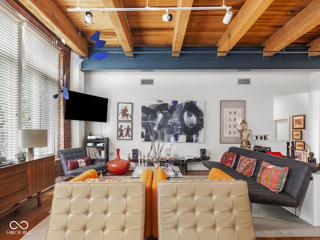 430 N Park Ave Unit 104, Indianapolis, IN 46202 - living area featuring a wooden ceiling with exposed beams, track lighting, and wood finished floors
