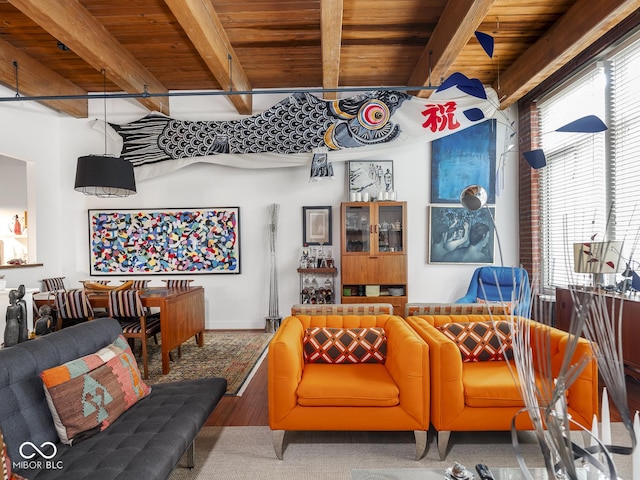 430 N Park Ave Unit 104, Indianapolis, IN 46202 - living area with a wood ceiling with exposed beams, wood finished floors, and plenty of natural light
