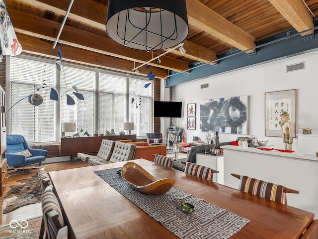 430 N Park Ave Unit 104, Indianapolis, IN 46202 - dining room featuring a wooden ceiling with exposed beams and wood finished floors