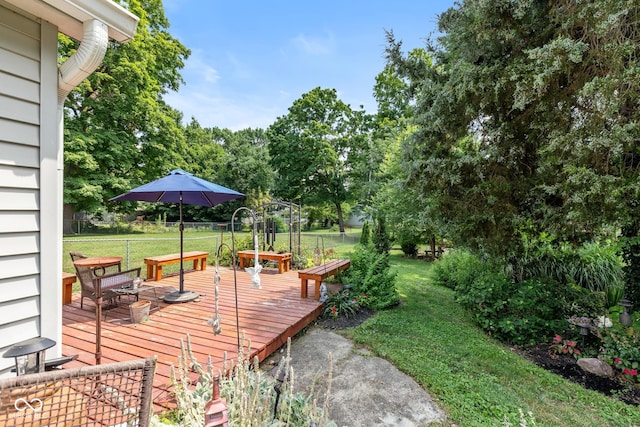 921 Morgan Dr, Indianapolis, IN 46227 - wooden terrace with a lawn and view of wooded area