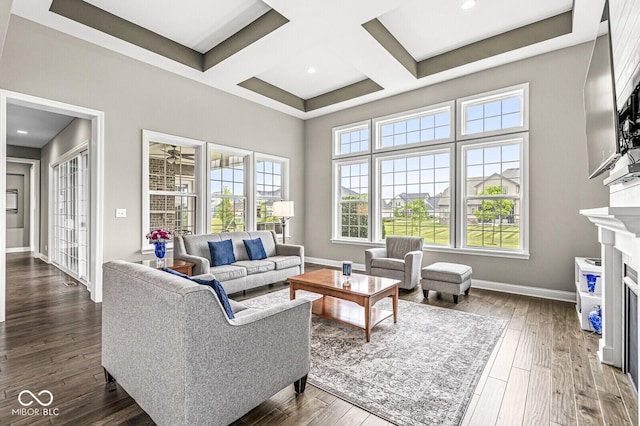 14293 Dufton Ct, Carmel, IN 46074 - living room featuring coffered ceiling, dark wood finished floors, a fireplace, and beam ceiling