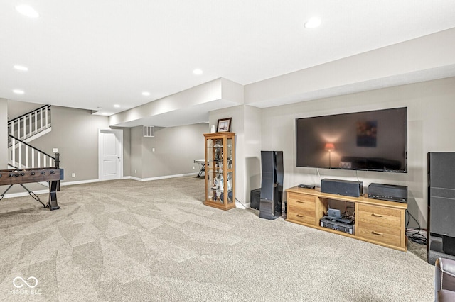 14293 Dufton Ct, Carmel, IN 46074 - living area with carpet floors, recessed lighting, and stairway